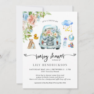 Blauwe Auto   Drive-By Baby Shower Uitnodiging