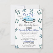 Blauwe auto en groene auto op Baby shower parade Kaart (Voorkant)