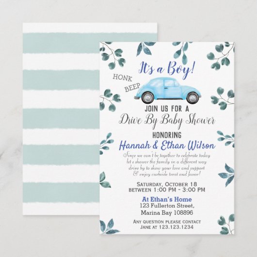 Blauwe auto en groene auto op Baby shower parade Kaart (Voorkant / Achterkant)