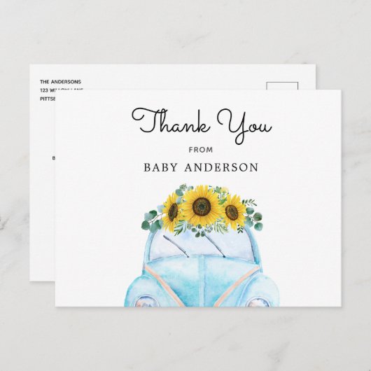 Blauwe auto en zonnebloemen Hartelijk dank Briefkaart (Voorkant / Achterkant)
