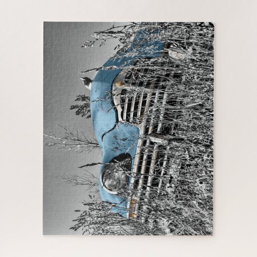 blauwe auto in grijs veld legpuzzel (Verticaal)