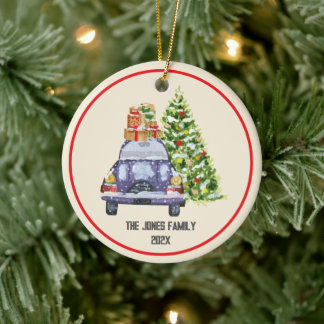 Blauwe Auto Kerstboom Persoonlijk Familie Keramisch Ornament