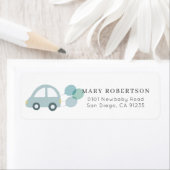 Blauwe auto met ballonnen wit etiket (Insitu)