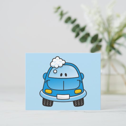 Blauwe auto met bellen briefkaart (Staand voorkant)