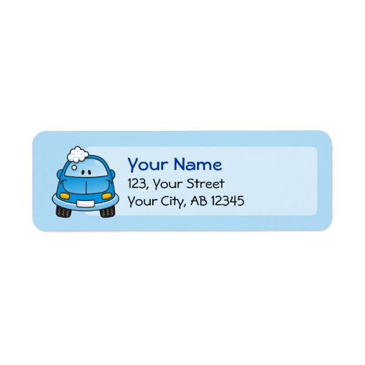 Blauwe auto met bellen etiket (Voorkant)