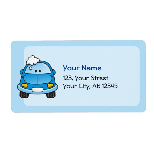 Blauwe auto met bellen etiket (Voorkant)