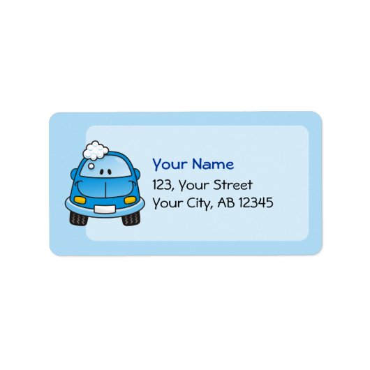 Blauwe auto met bellen etiket (Voorkant)