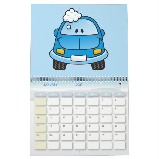Blauwe auto met bellen kalender (Jan 2027)