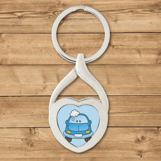 Blauwe auto met bellen sleutelhanger