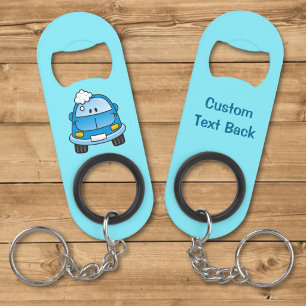Blauwe auto met bellen sleutelhanger flesopener mini flessenopener