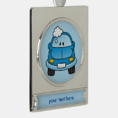 Blauwe auto met bellen verzilverd banner ornament (Rechts)