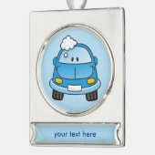 Blauwe auto met bellen verzilverd banner ornament (Links)