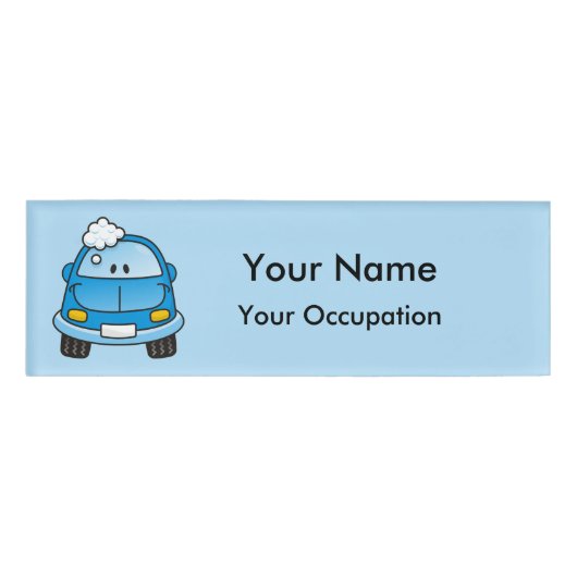 Blauwe auto met bellennaam naambadge (Voorkant)