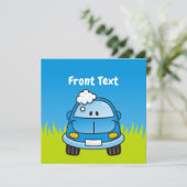 Blauwe auto met belletjes kaart (Staand voorkant)