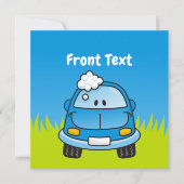 Blauwe auto met belletjes kaart (Voorkant)