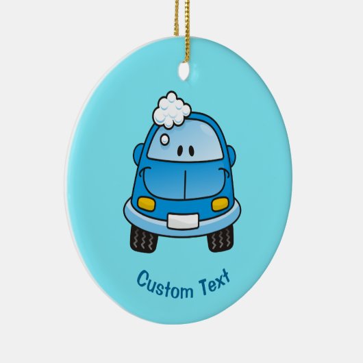 Blauwe auto met belletjes keramisch ornament (Rechts)