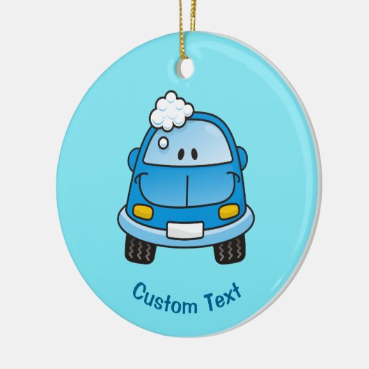 Blauwe auto met belletjes keramisch ornament (Links)