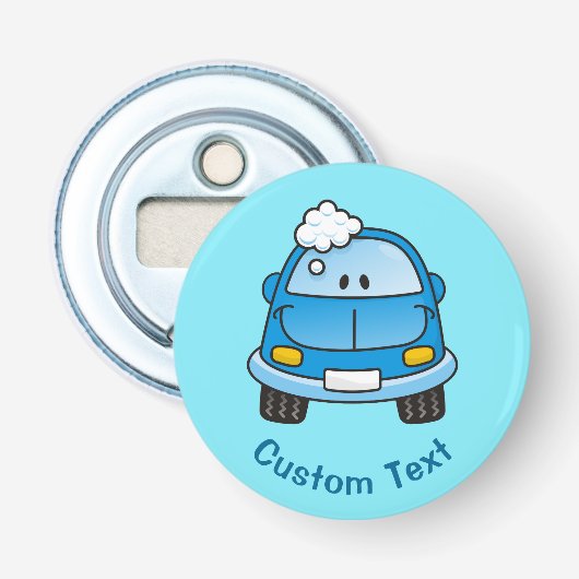 Blauwe auto met bubbels flesopener button flesopener (Voorkant)