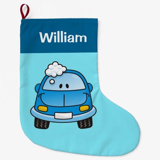 Blauwe auto met bubbels kerstkous grote kerstsok (Voorkant)