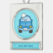 Blauwe auto met bubbels verzilverd banner ornament (Links)