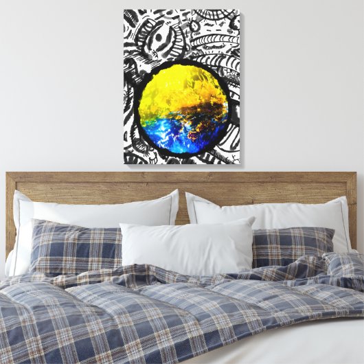 Blauwe auto met gele bloemen canvas afdruk (Insitu (Slaapkamer))