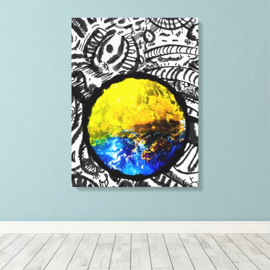 Blauwe auto met gele bloemen canvas afdruk (Insitu (Houten vloer))