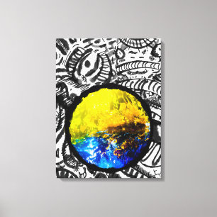 Blauwe auto met gele bloemen canvas afdruk