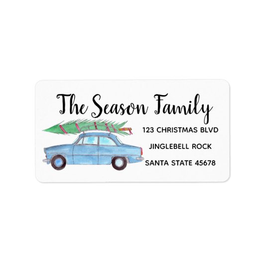 Blauwe auto met kerstboom aquarel etiket (Voorkant)