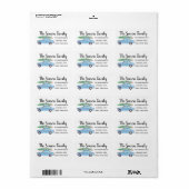 Blauwe auto met kerstboom aquarel etiket (Full Sheet)