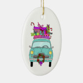 Blauwe auto met kerstcadeaus keramisch ornament (Rechts)