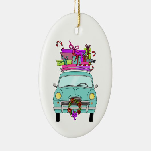 Blauwe auto met kerstcadeaus keramisch ornament (Rechts)