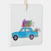 Blauwe auto met kerstcadeautjes Waterverf Keramisch Ornament (Rechts)