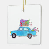 Blauwe auto met kerstcadeautjes Waterverf Keramisch Ornament (Links)