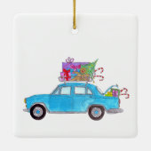 Blauwe auto met kerstcadeautjes Waterverf Keramisch Ornament (Achterkant)