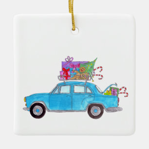 Blauwe auto met kerstcadeautjes Waterverf Keramisch Ornament