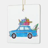 Blauwe auto met kerstcadeautjes Waterverf Keramisch Ornament (Links)