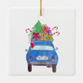 Blauwe auto met kerstcadeautjes Waterverf Keramisch Ornament (Achterkant)