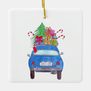 Blauwe auto met kerstcadeautjes Waterverf Keramisch Ornament