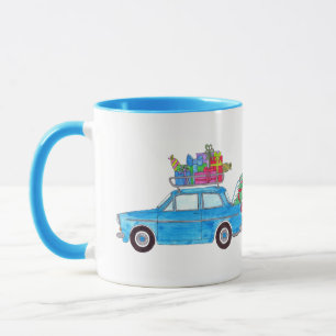 Blauwe auto met kerstcadeautjes Waterverf Mok