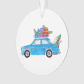 Blauwe auto met kerstcadeautjes Waterverf Ornament (voorkant)