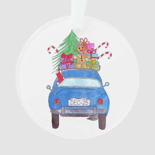 Blauwe auto met kerstcadeautjes Waterverf Ornament (voorkant)