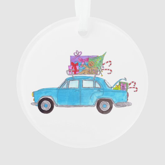 Blauwe auto met kerstcadeautjes Waterverf Ornament (achterkant)