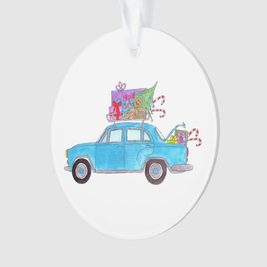 Blauwe auto met kerstcadeautjes Waterverf Ornament (voorkant)