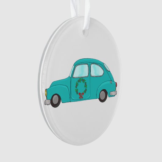 blauwe auto met kerstkrans ornament (voorkant)
