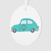 blauwe auto met kerstkrans ornament (voorkant)