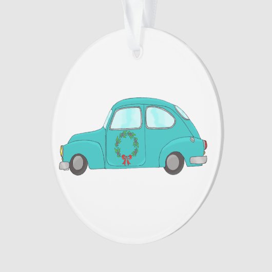 blauwe auto met kerstkrans ornament (voorkant)