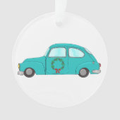 blauwe auto met kerstkrans ornament (voorkant)