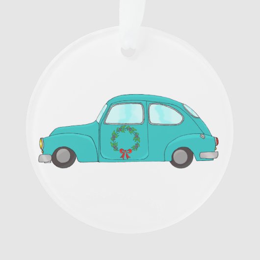 blauwe auto met kerstkrans ornament (voorkant)