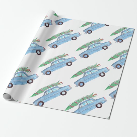 Blauwe auto met Waterverf kerstboom Cadeaupapier (Uitgerold)