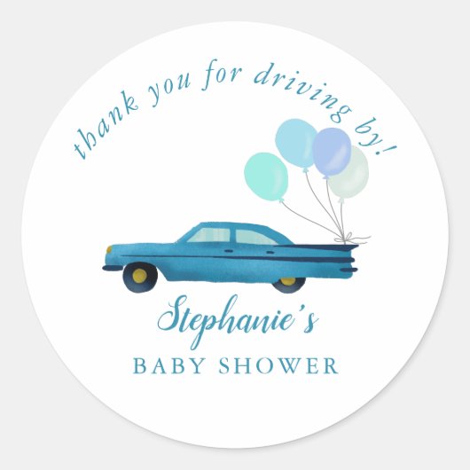 blauwe auto rijden met het Baby shower Ronde Sticker